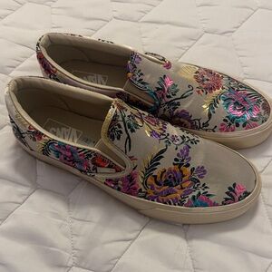 Vans Slip-On Floral Embroidered Sneakers - Cream with Pink, Purple, Teal, Gold